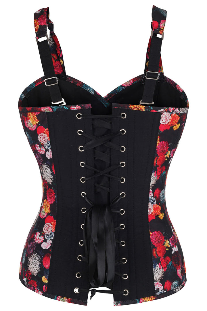 Midnight Black Floral Gerarda Overbust Steel Boned Corset
