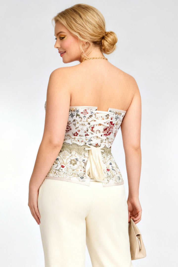 Raevyn Ivory Floral Overbust Steel Boned Corset