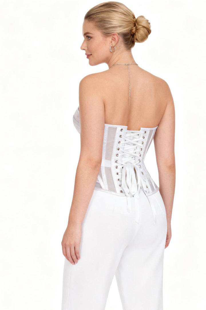 Sherae White Mesh Overbust Corset — on-model back view
