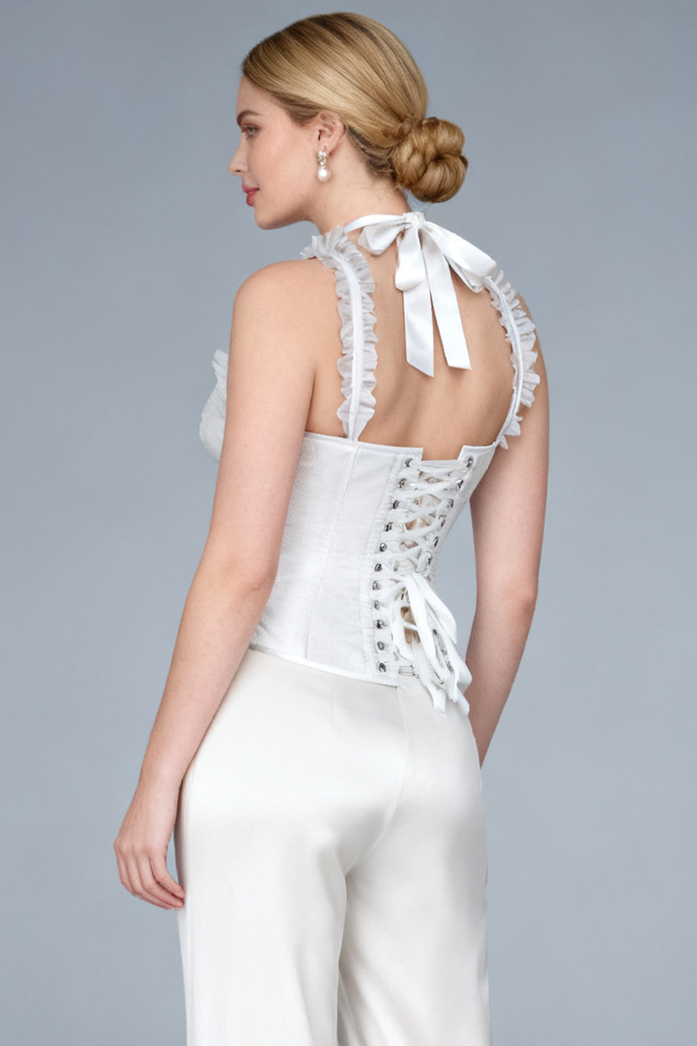 Sharolyn White Satin Net Overbust Corset — on-model back view