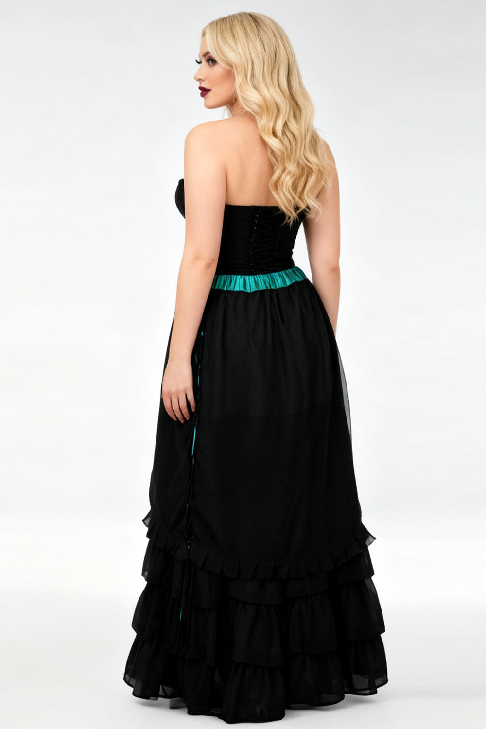 Akemi Emerald Satin Black Georgette Victorian Layered Skirt