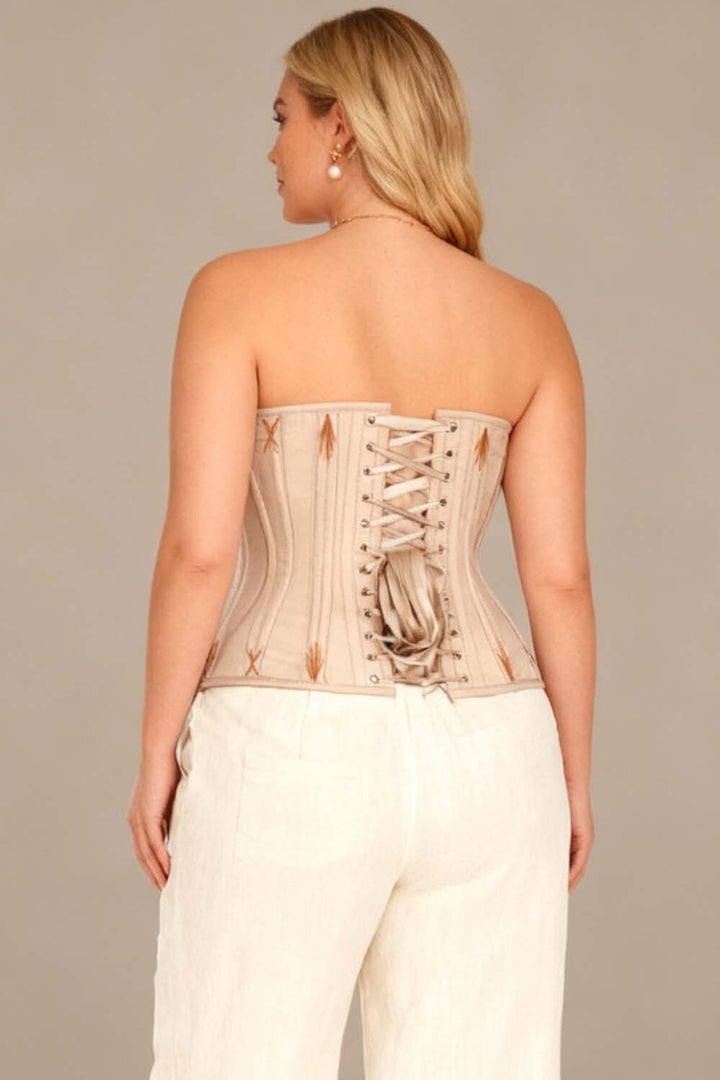 Mercia Champagne Beige Cotton Waist Training Corset — on-model back view
