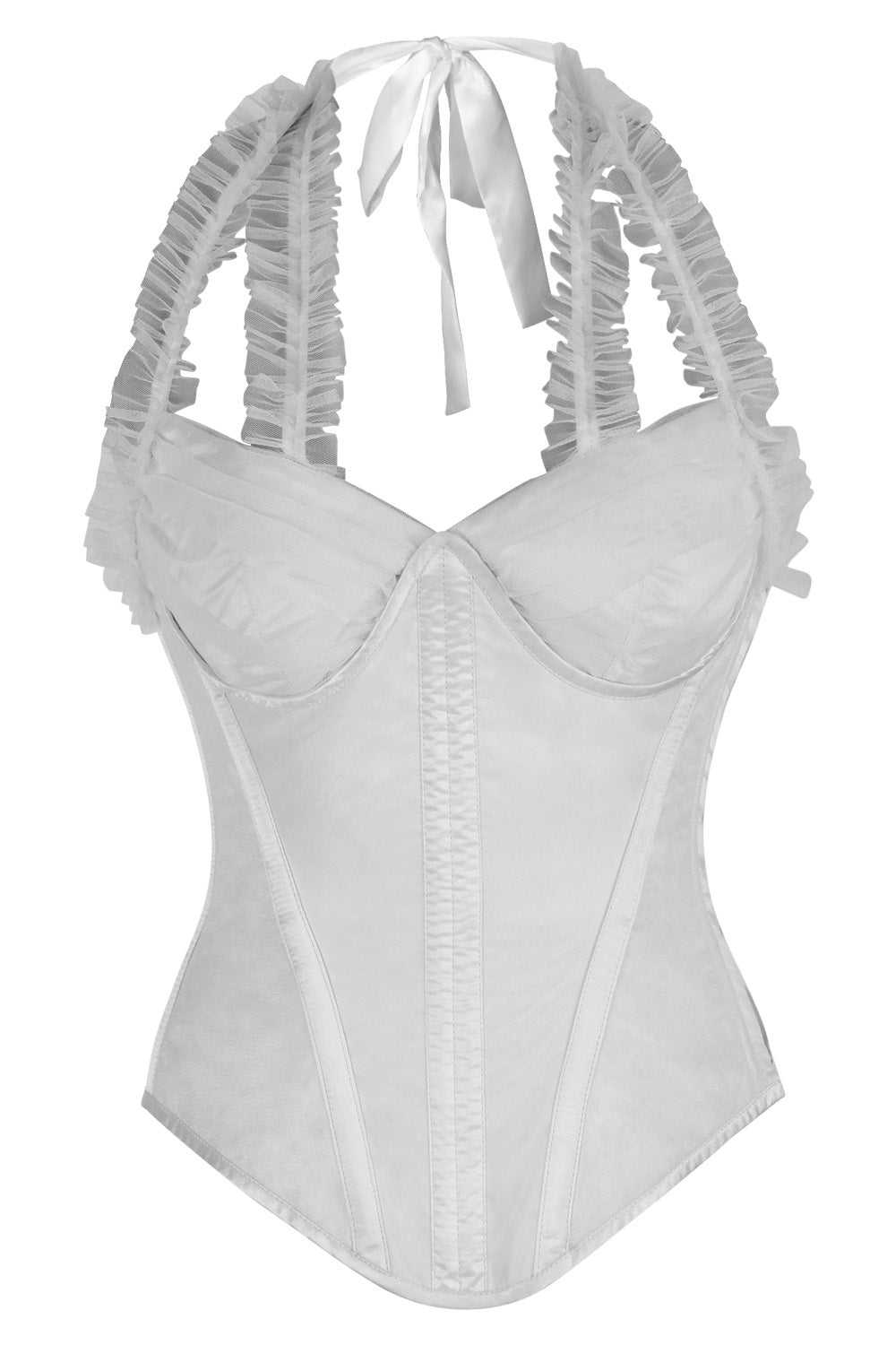 Sharolyn White Satin Net Overbust Corset — front view