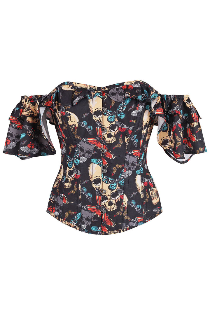 Dawnn Black Skulls &amp; Butterflies Off Shoulder Overbust Corset