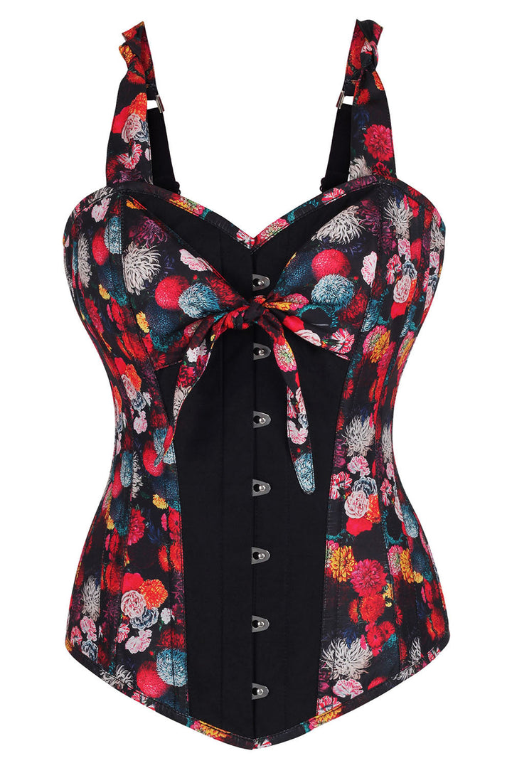 Midnight Black Floral Gerarda Overbust Steel Boned Corset
