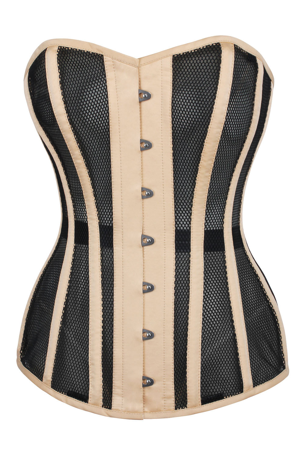 Black Honeycomb Mesh Overbust Corset with Nude Satin Trims