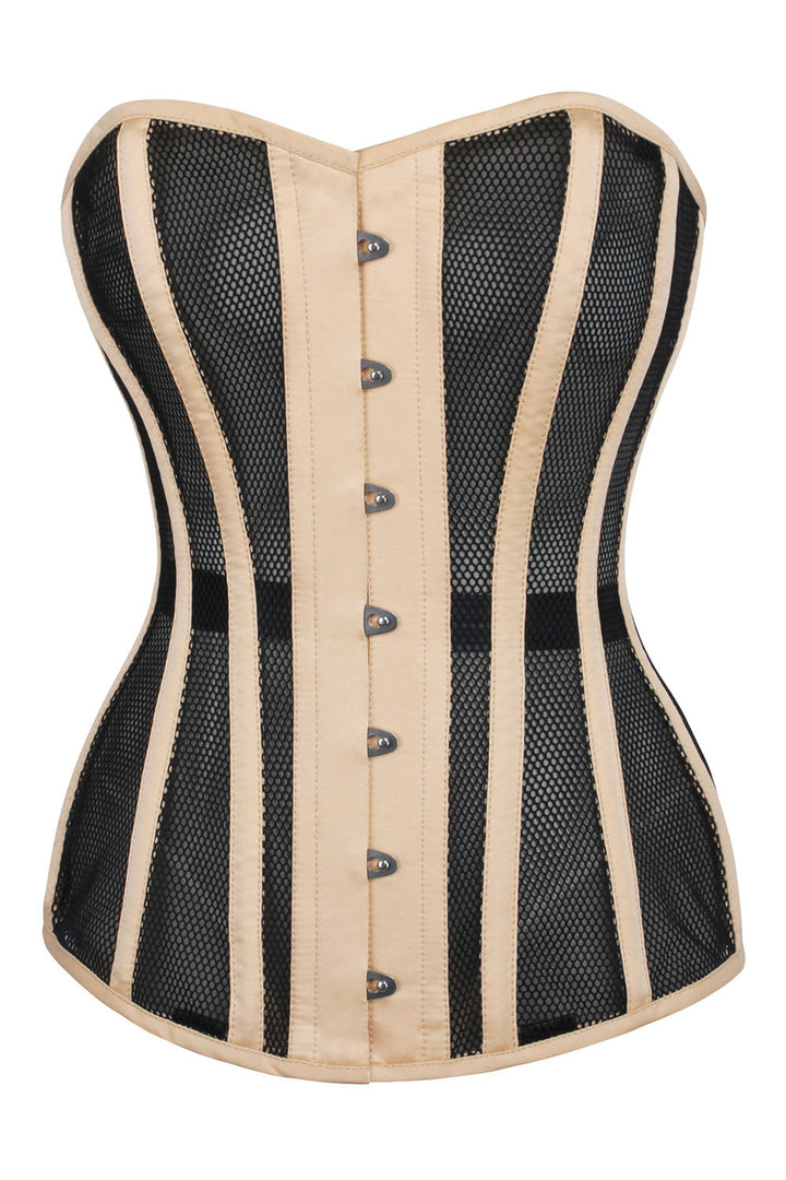 Black Honeycomb Mesh Overbust Corset with Nude Satin Trims