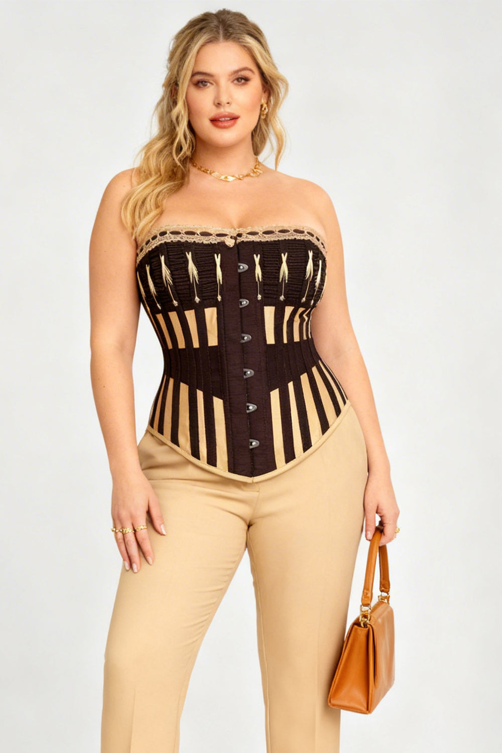 Brown &amp; Gold Striped Joylin Overbust Corset