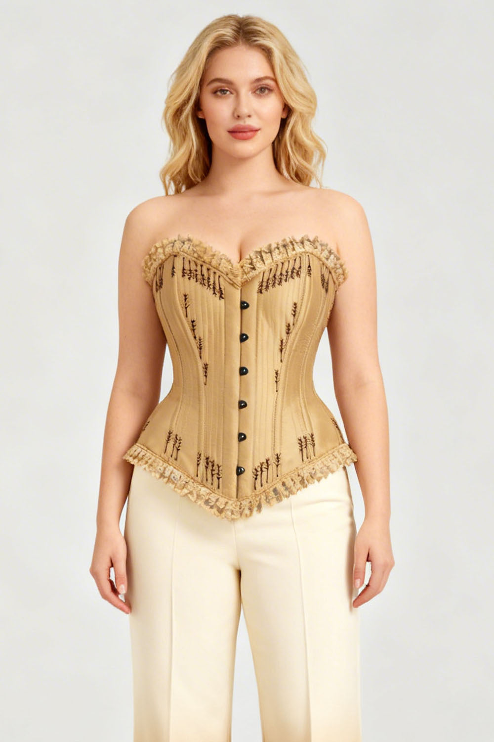 Golden Wheat Nickie Overbust Corset with Fringe Detailing