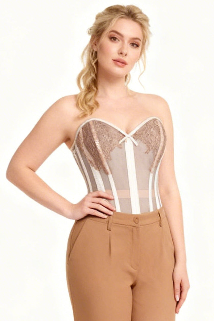Jenalynn Nude Mesh Lace Overbust Corset — on-model front view