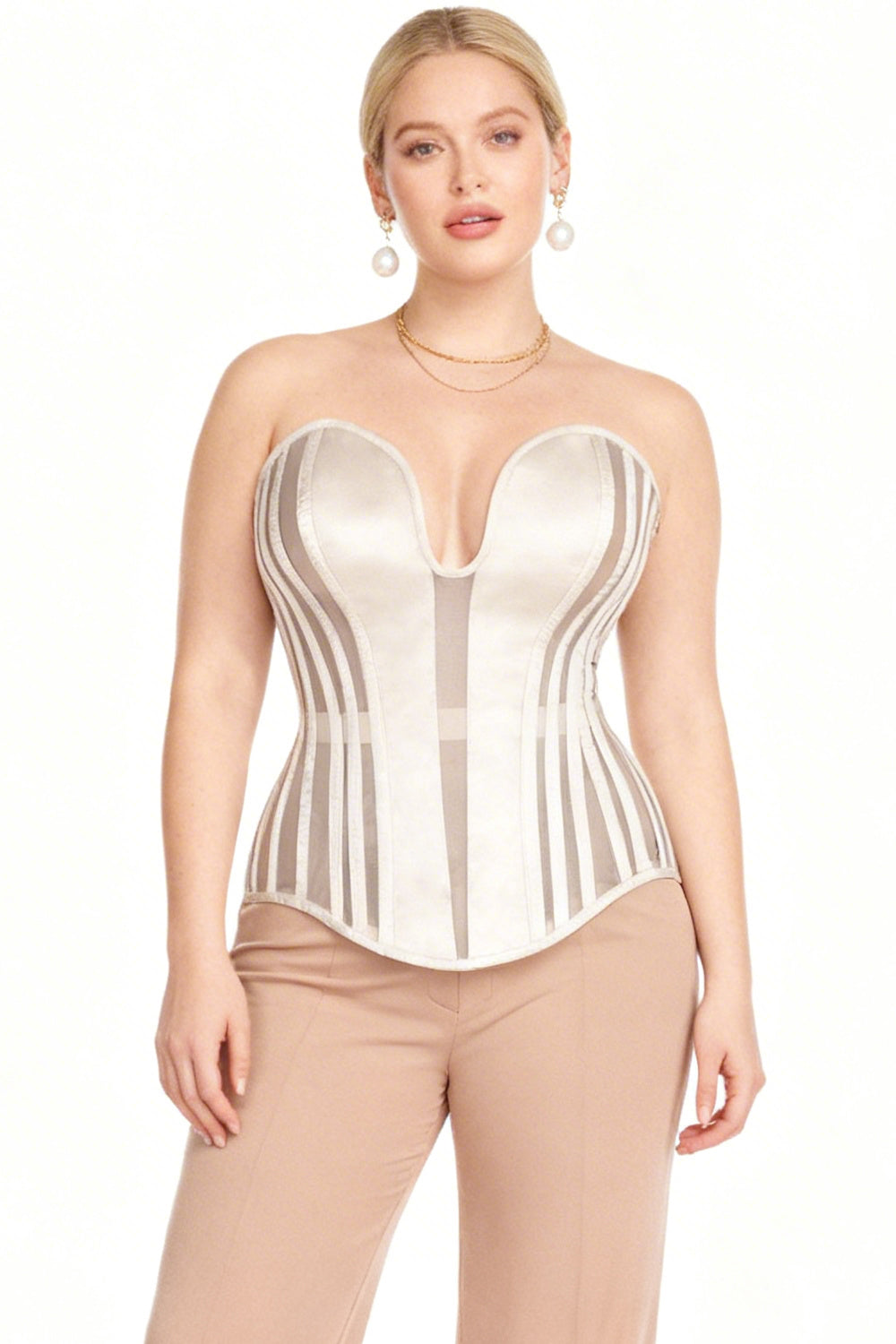 Alvina Champagne Mesh Overbust Corset — on-model front view