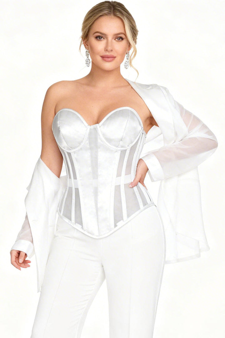 Tamica White Mesh Overbust Corset — on-model front view