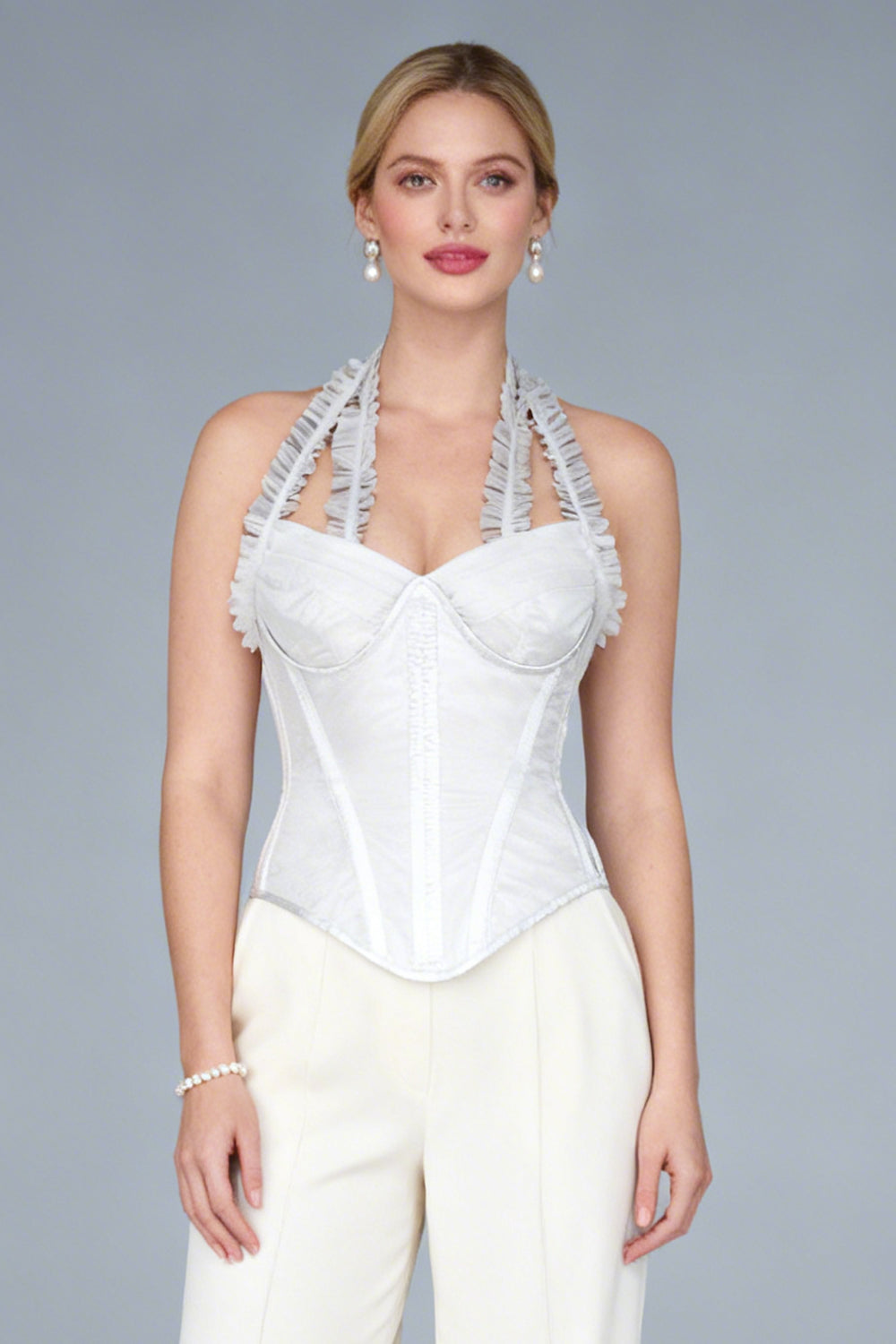 Sharolyn White Satin Net Overbust Corset — on-model front view