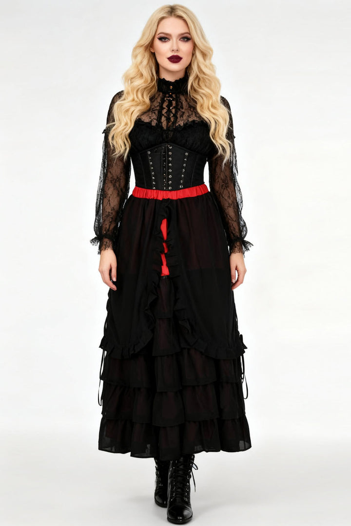 Akemi Black Red Satin Georgian Tiered Skirt