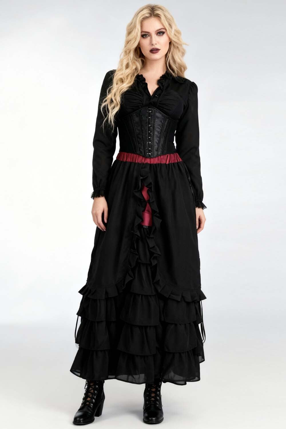 Akemi Maroon Victorian Layered Skirt with Black Georgette
