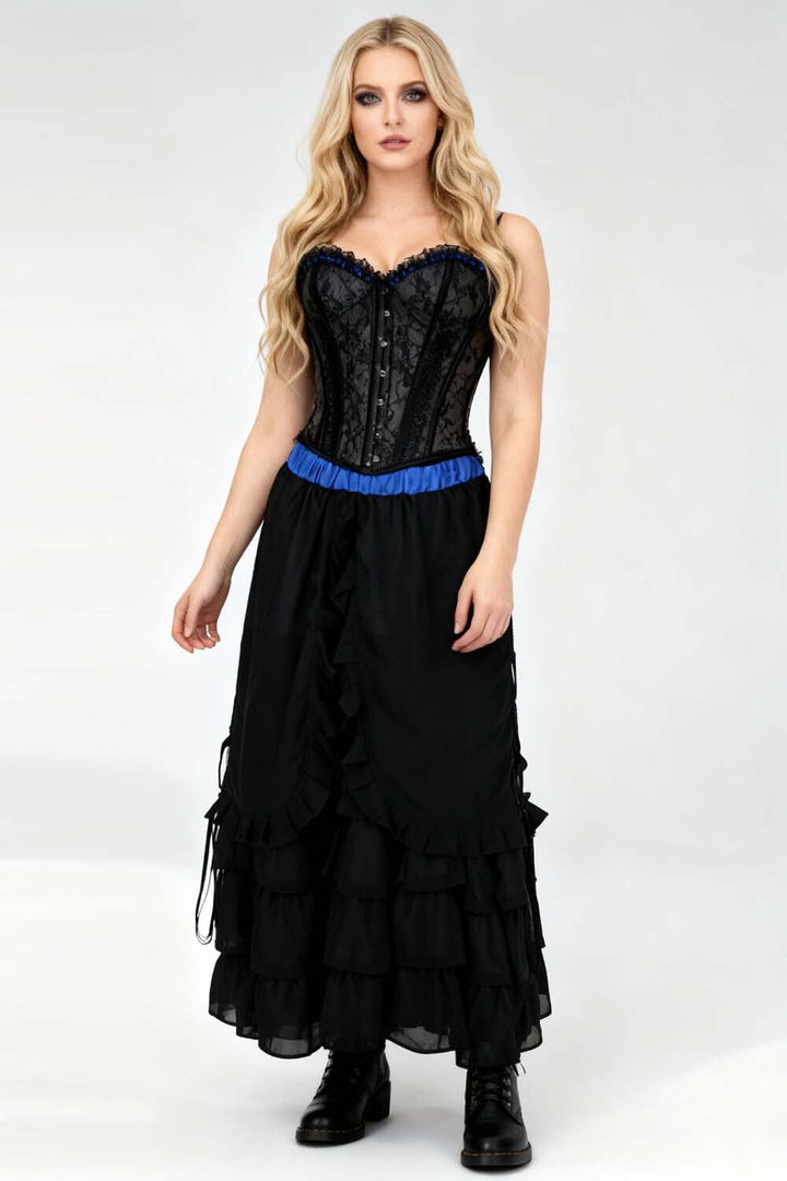 Akemi Blue Satin Black Georgette Victorian Layered Skirt