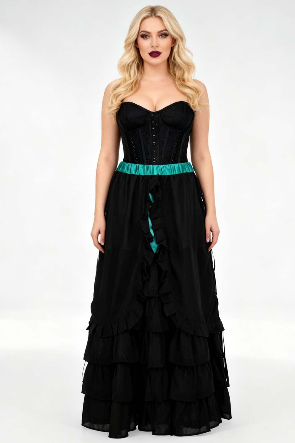 Akemi Emerald Satin Black Georgette Victorian Layered Skirt