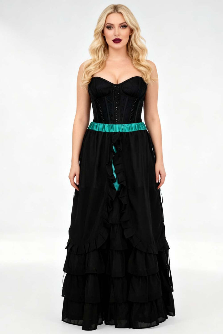Akemi Emerald Satin Black Georgette Victorian Layered Skirt