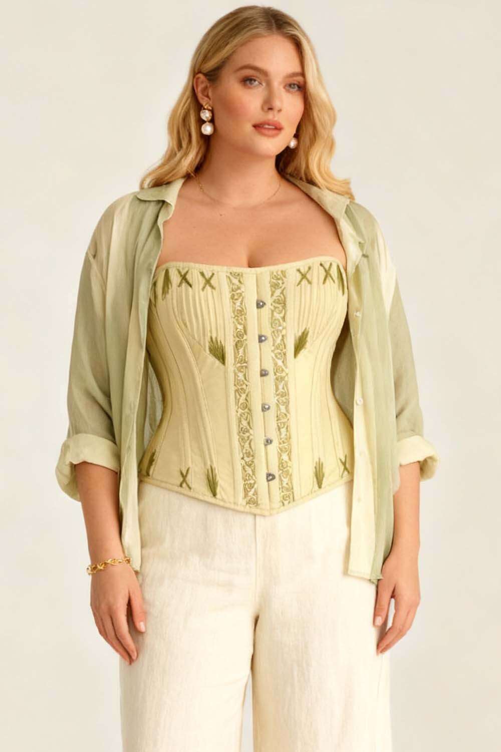Mercia Butter Yellow Cotton Waist Training Corset — on-model front view