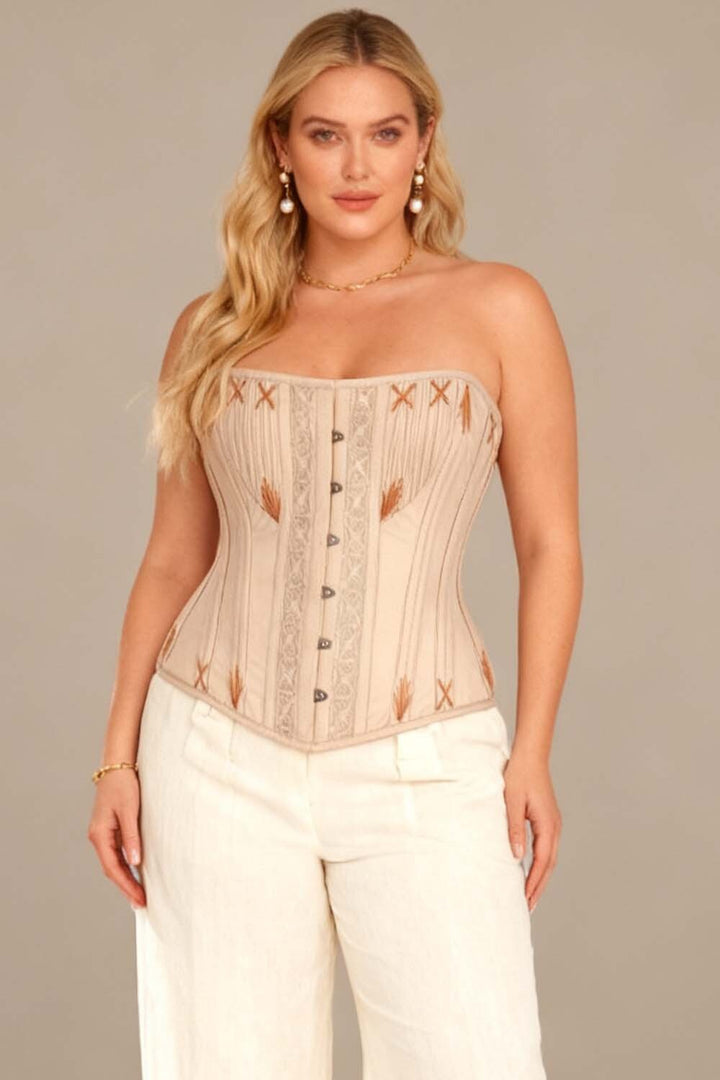 Mercia Champagne Beige Cotton Waist Training Corset — on-model front view