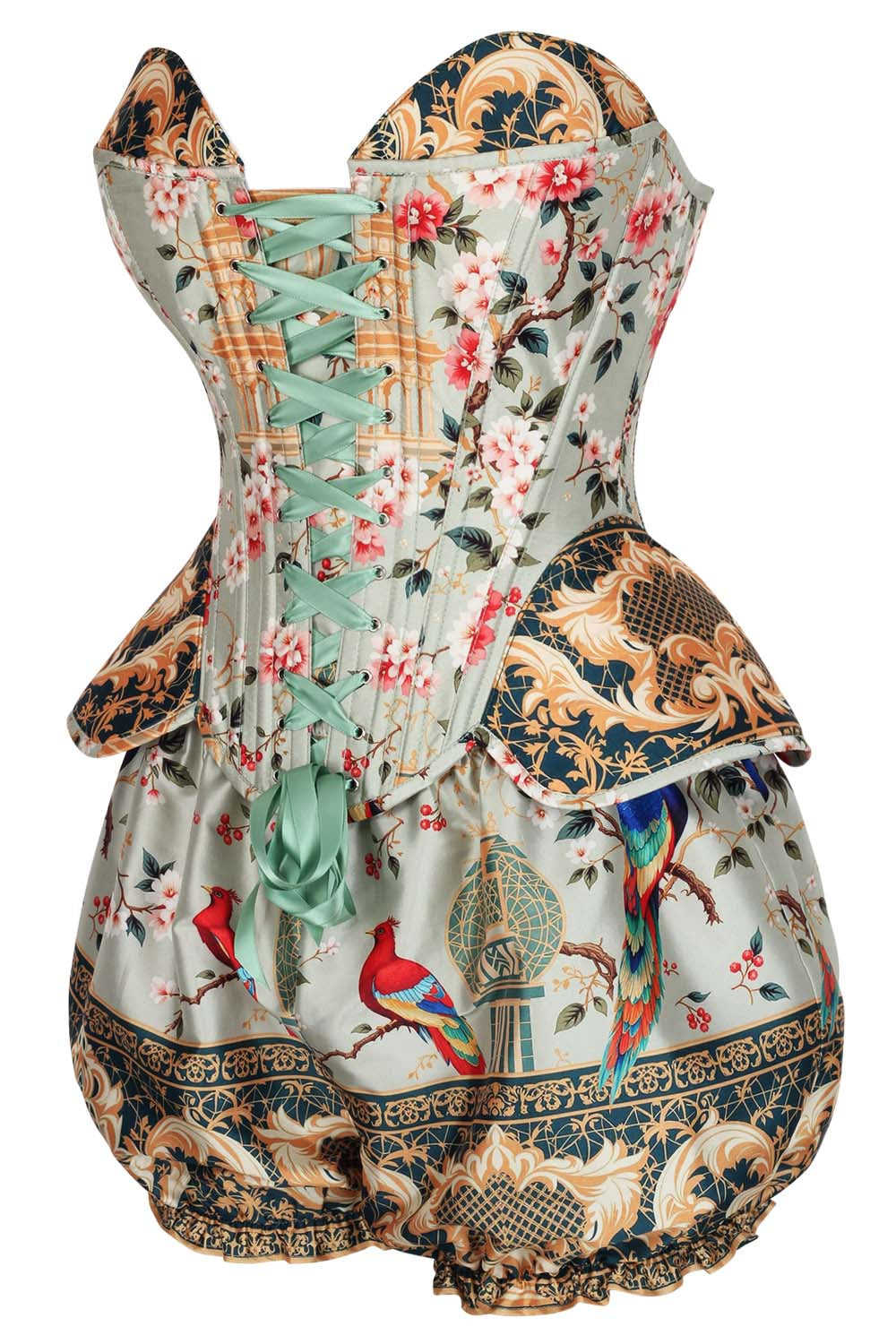 Mint Sage Jessia Printed Steel Boned Corset &amp; Bloomer Set