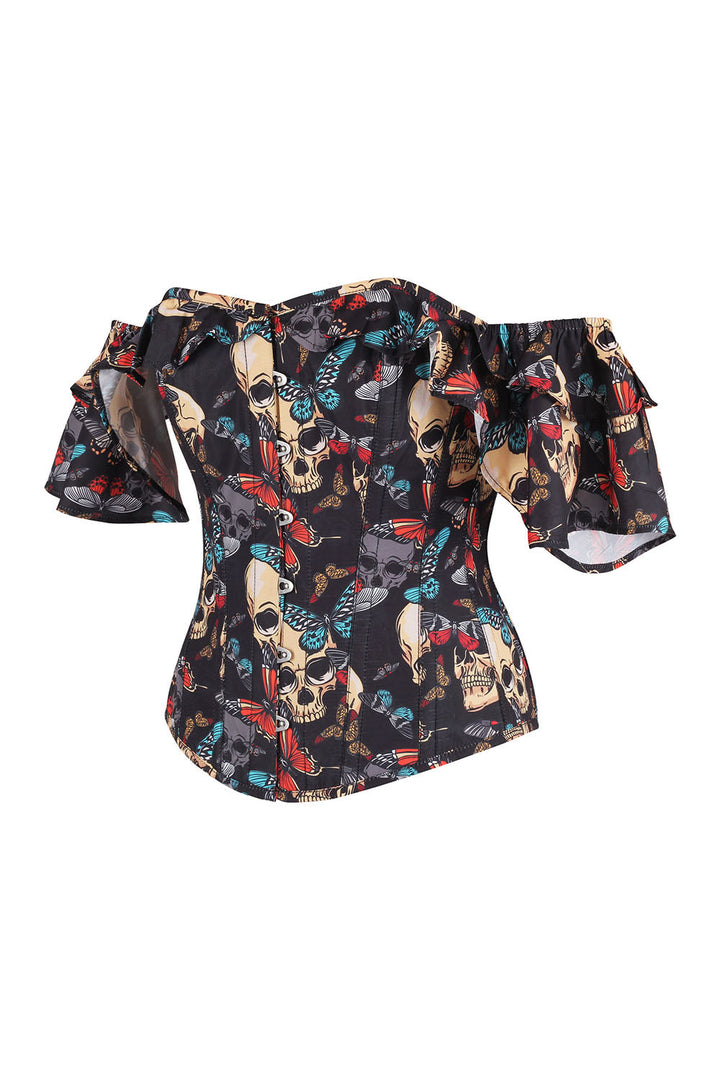 Dawnn Black Skulls &amp; Butterflies Off Shoulder Overbust Corset