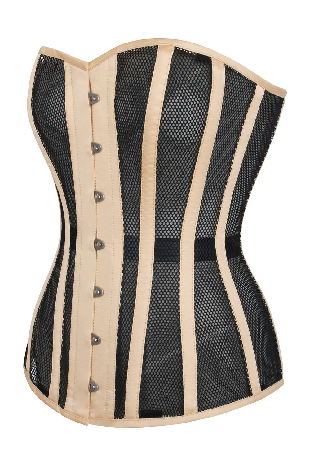 Black Honeycomb Mesh Overbust Corset with Nude Satin Trims