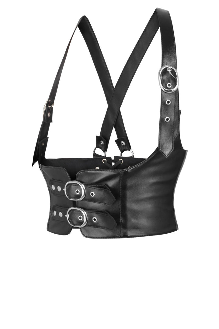 Midnight Black Cyndi Faux Leather Harness Underbust Corset