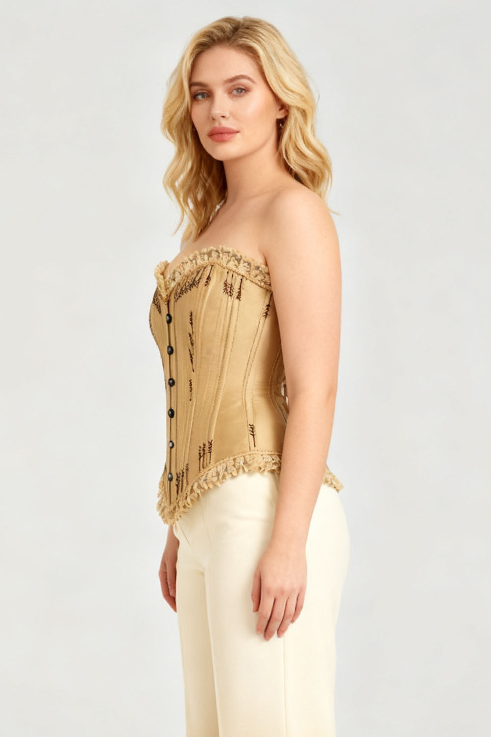 Golden Wheat Nickie Overbust Corset with Fringe Detailing