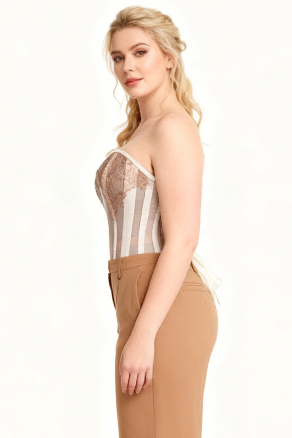 Jenalynn Nude Mesh Lace Overbust Corset — on-model side view
