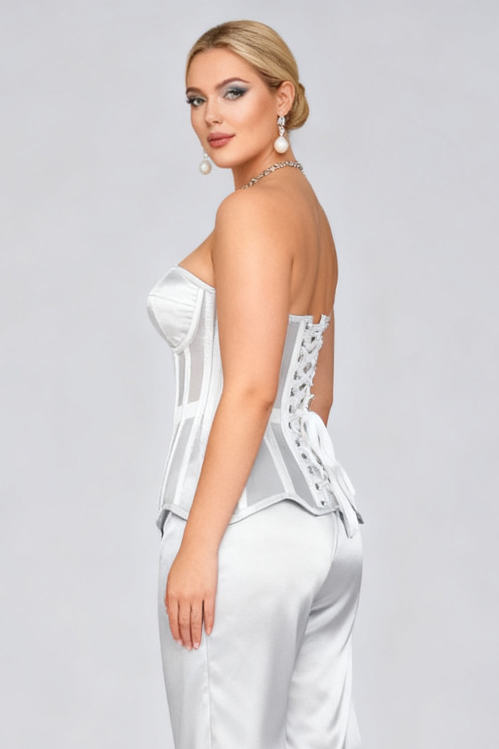Beverlee White Mesh Overbust Corset — on-model side view