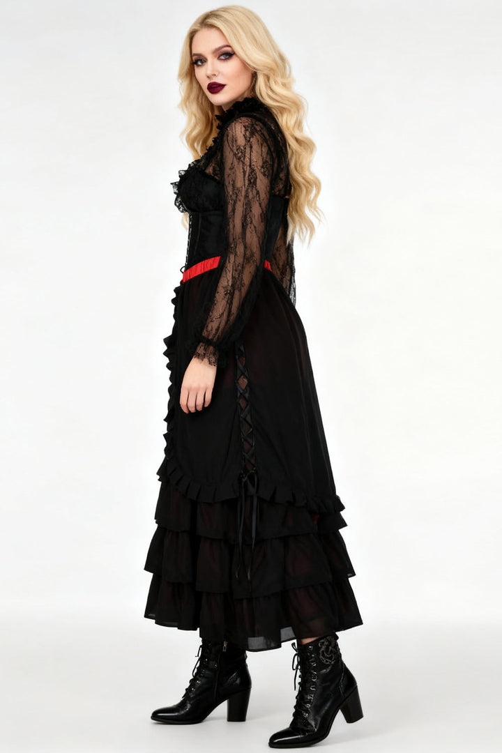Akemi Black Red Satin Georgian Tiered Skirt