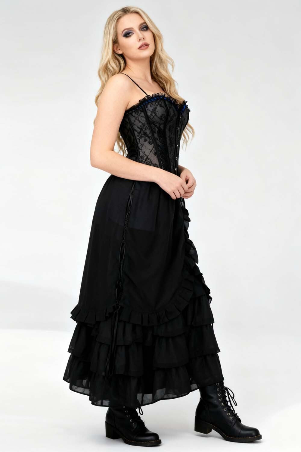 Akemi Blue Satin Black Georgette Victorian Layered Skirt