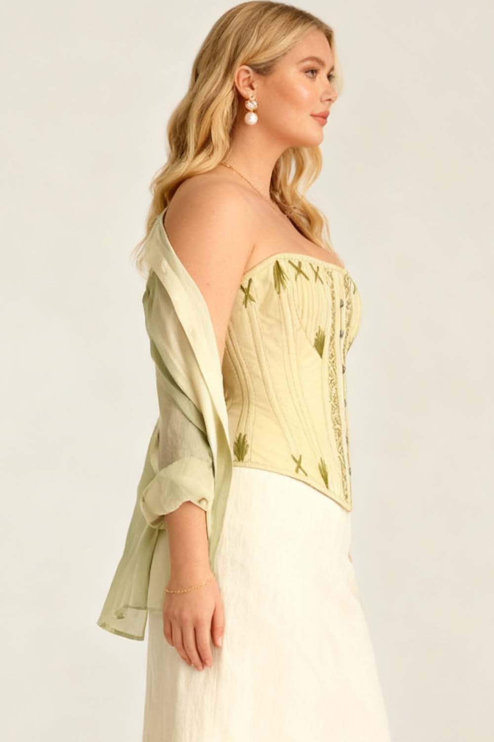 Mercia Butter Yellow Cotton Waist Training Corset — on-model side view