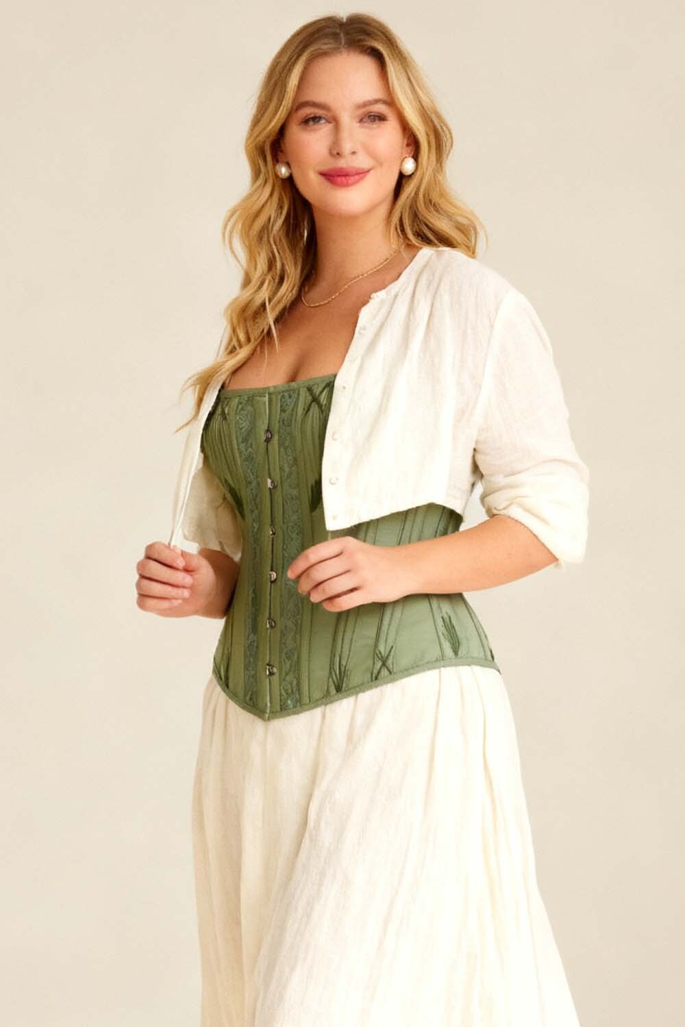 Mercia Mint Green Cotton Waist Training Corset — on-model side view