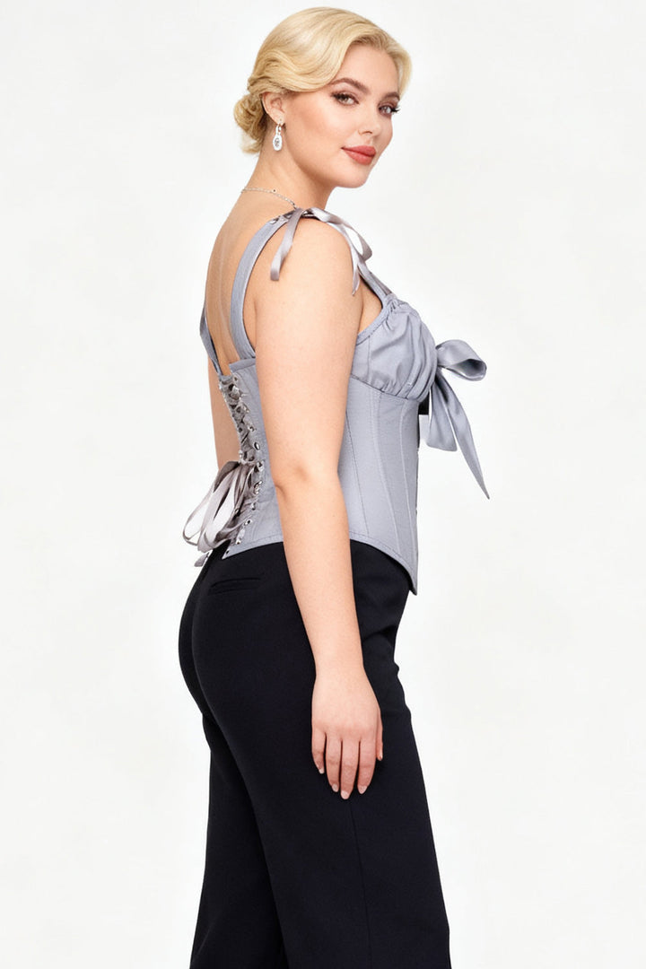 Darnisha Grey Overbust Corset with Bow Detail and Shoulder Straps