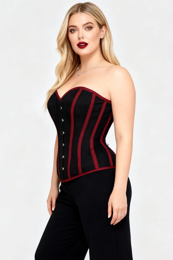 Midnight Black Burgundy Trim Laquita Overbust Cotton Corset