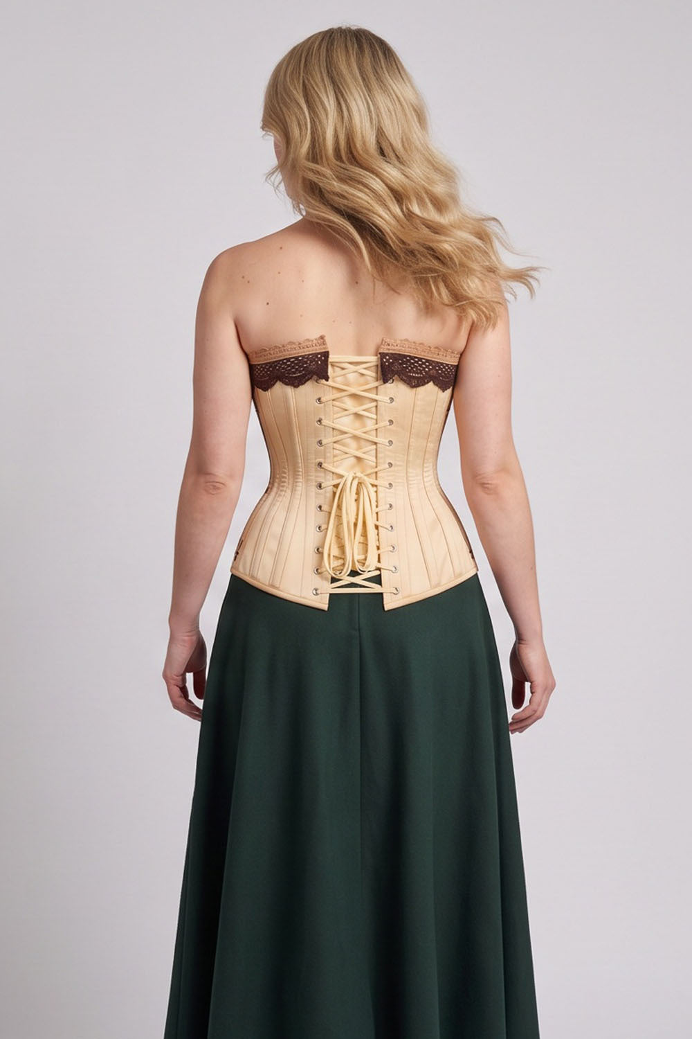 CORDELIA Victorian Overbust Corset in Black on model — back view