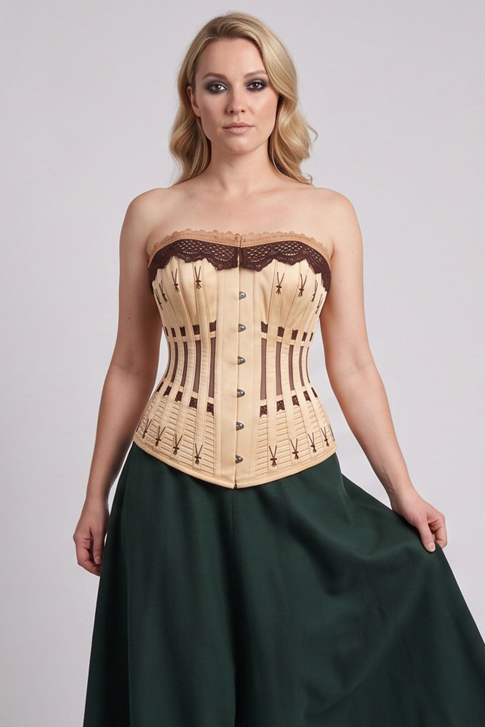 CORDELIA Victorian Overbust Corset in Black on model — front view
