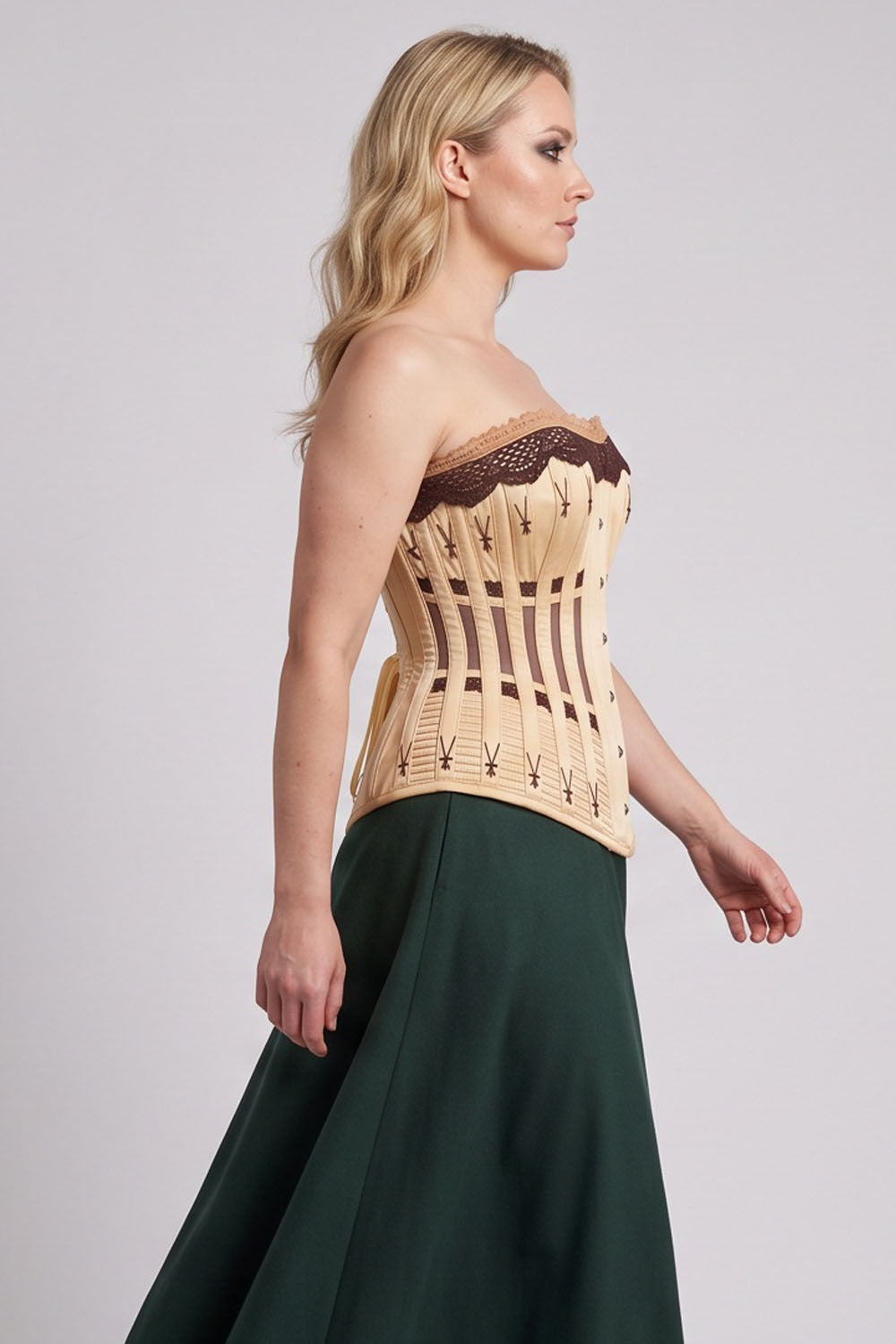 CORDELIA Victorian Overbust Corset in Black on model — side view