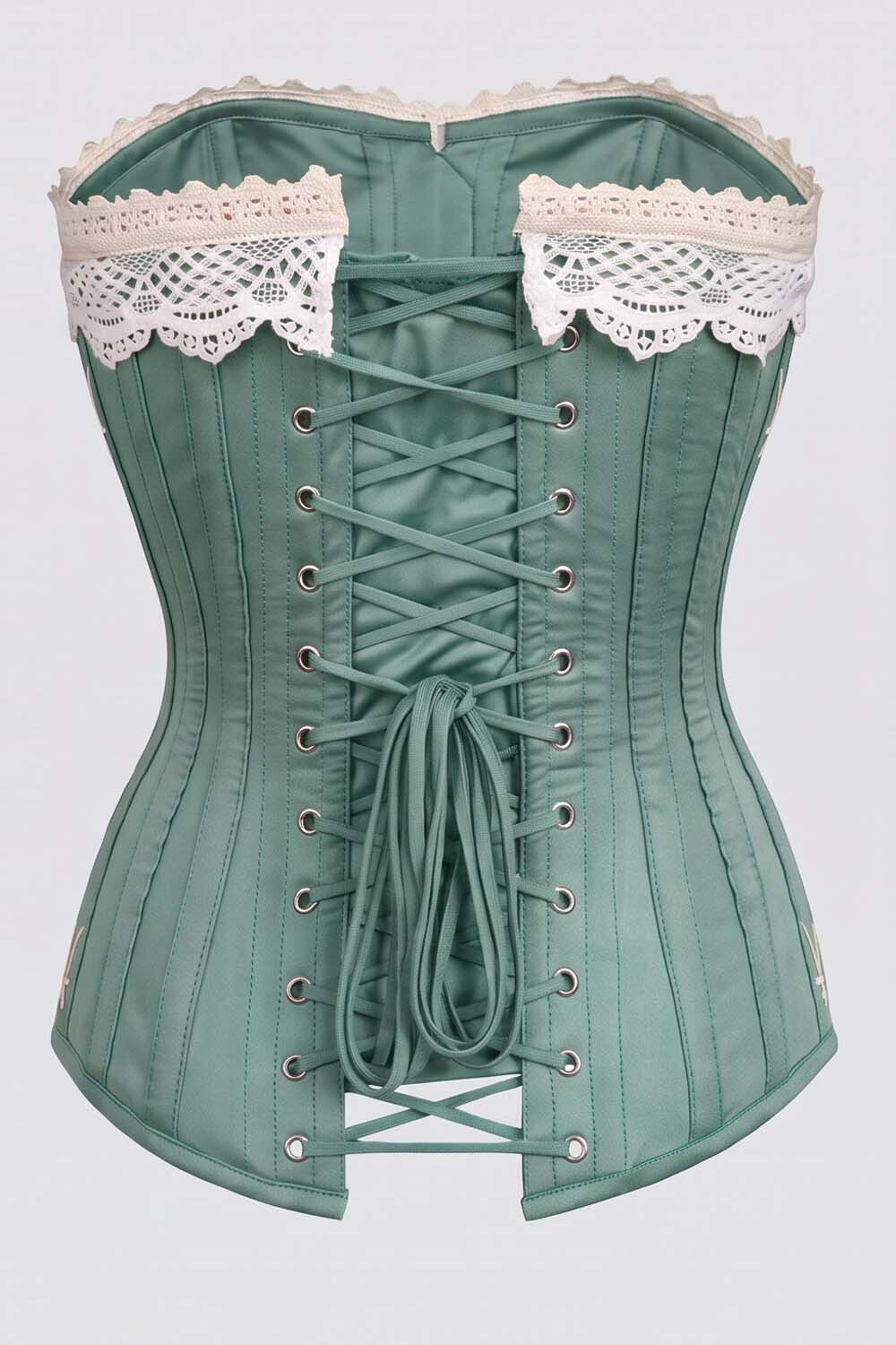 CORDELIA Victorian Overbust Corset in Petrol Navy by Luxe Noir — back view