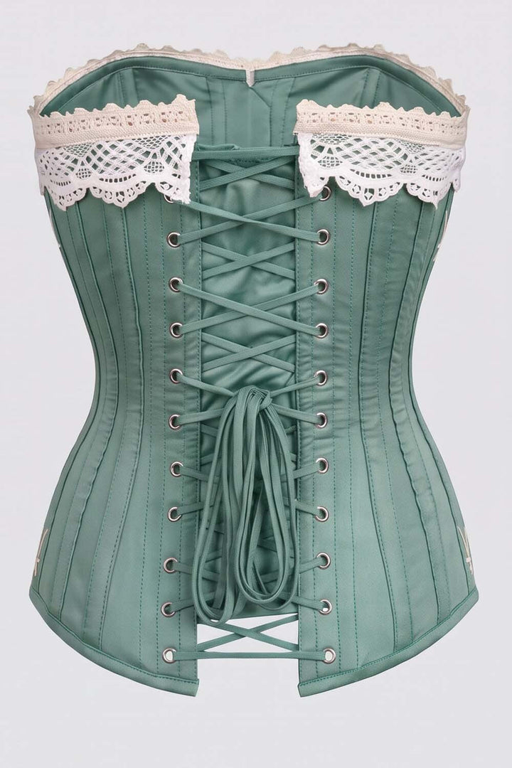 CORDELIA Victorian Overbust Corset in Petrol Navy by Luxe Noir — back view