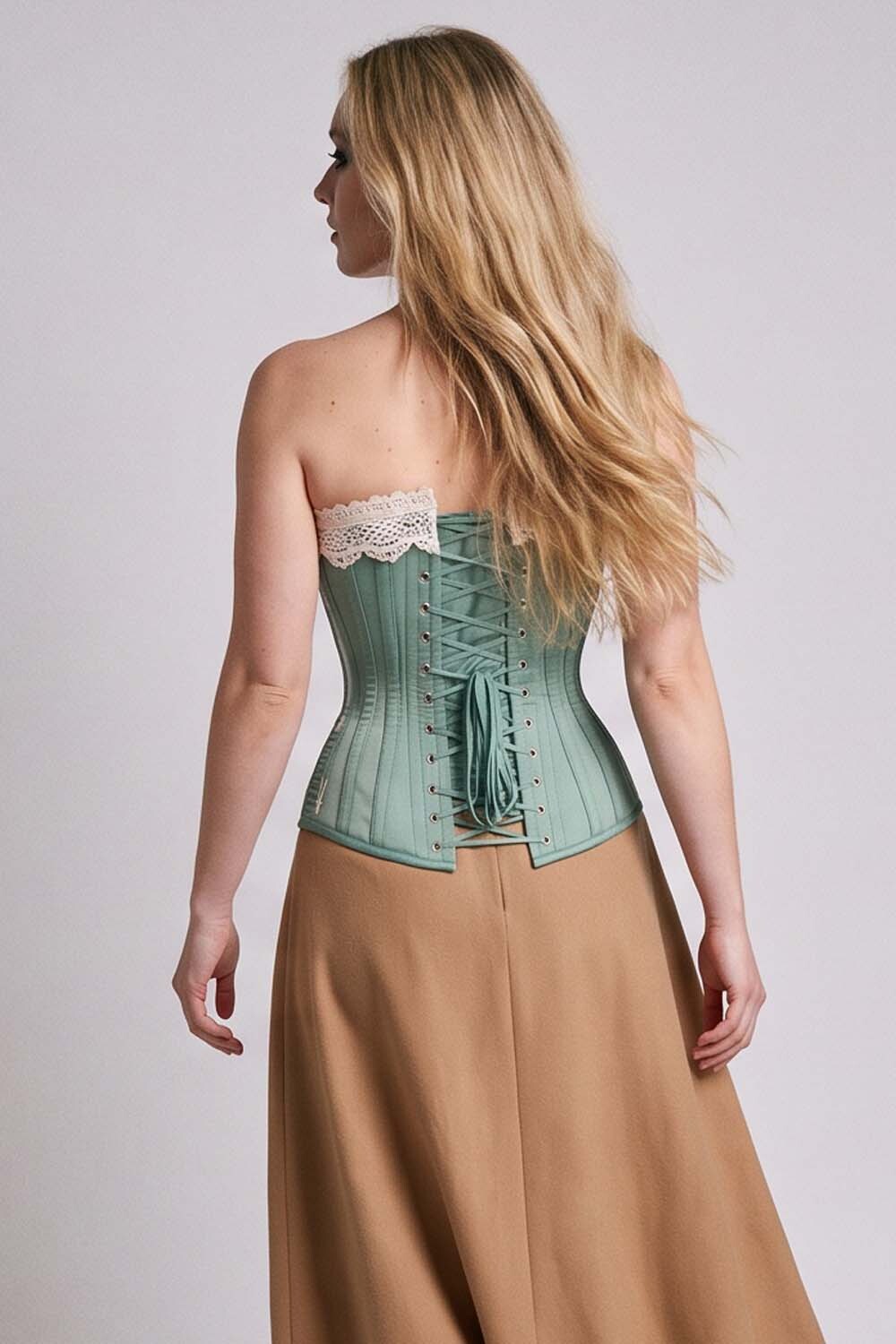 CORDELIA Victorian Overbust Corset in Petrol Navy on model — back view