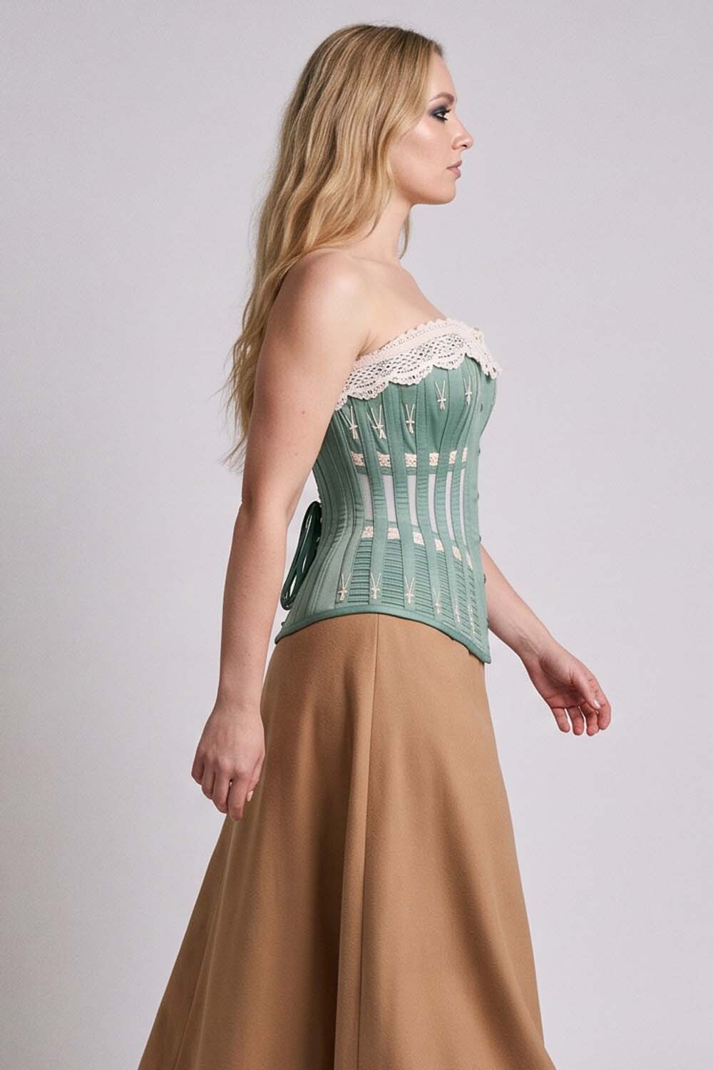 CORDELIA Victorian Overbust Corset in Petrol Navy on model — side view