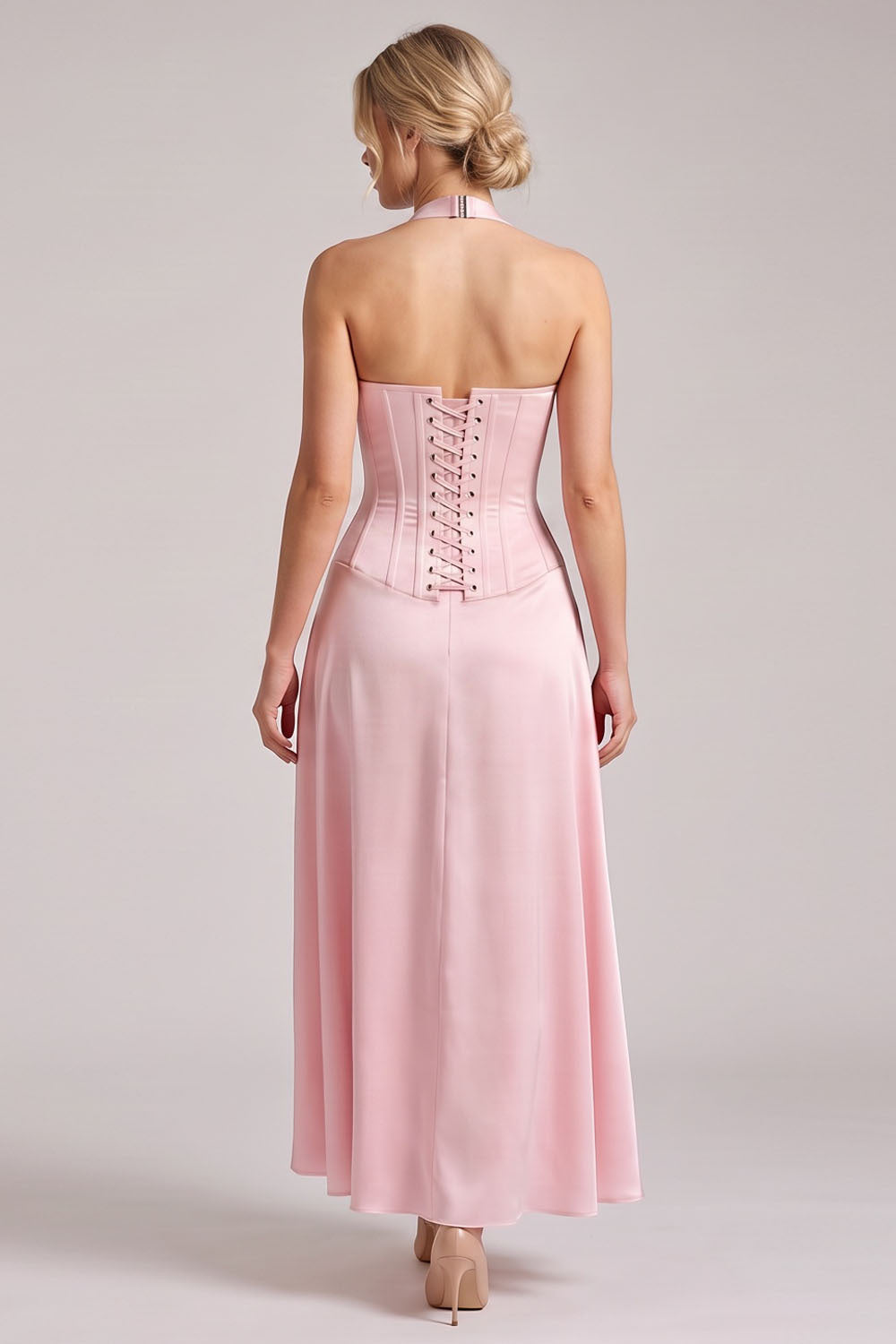 LENORE Halter Corset Maxi Dress in Black on model — back view