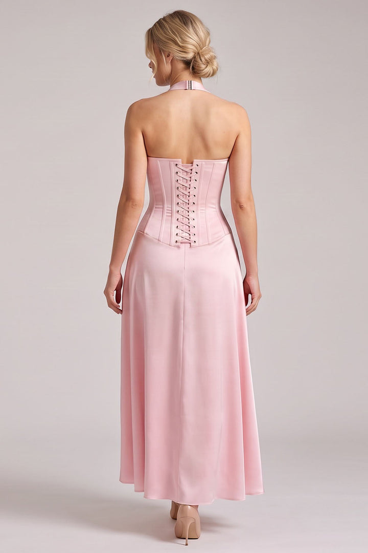 LENORE Halter Corset Maxi Dress in Black on model — back view