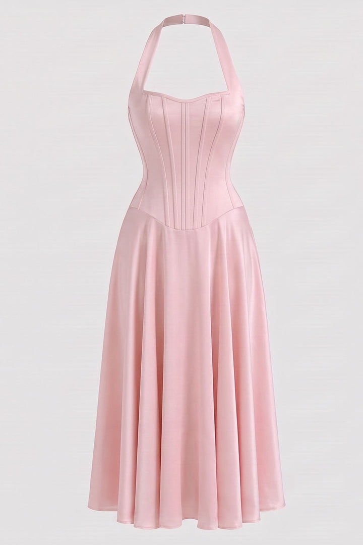 LENORE Halter Corset Maxi Dress in Black by Luxe Noir — front view