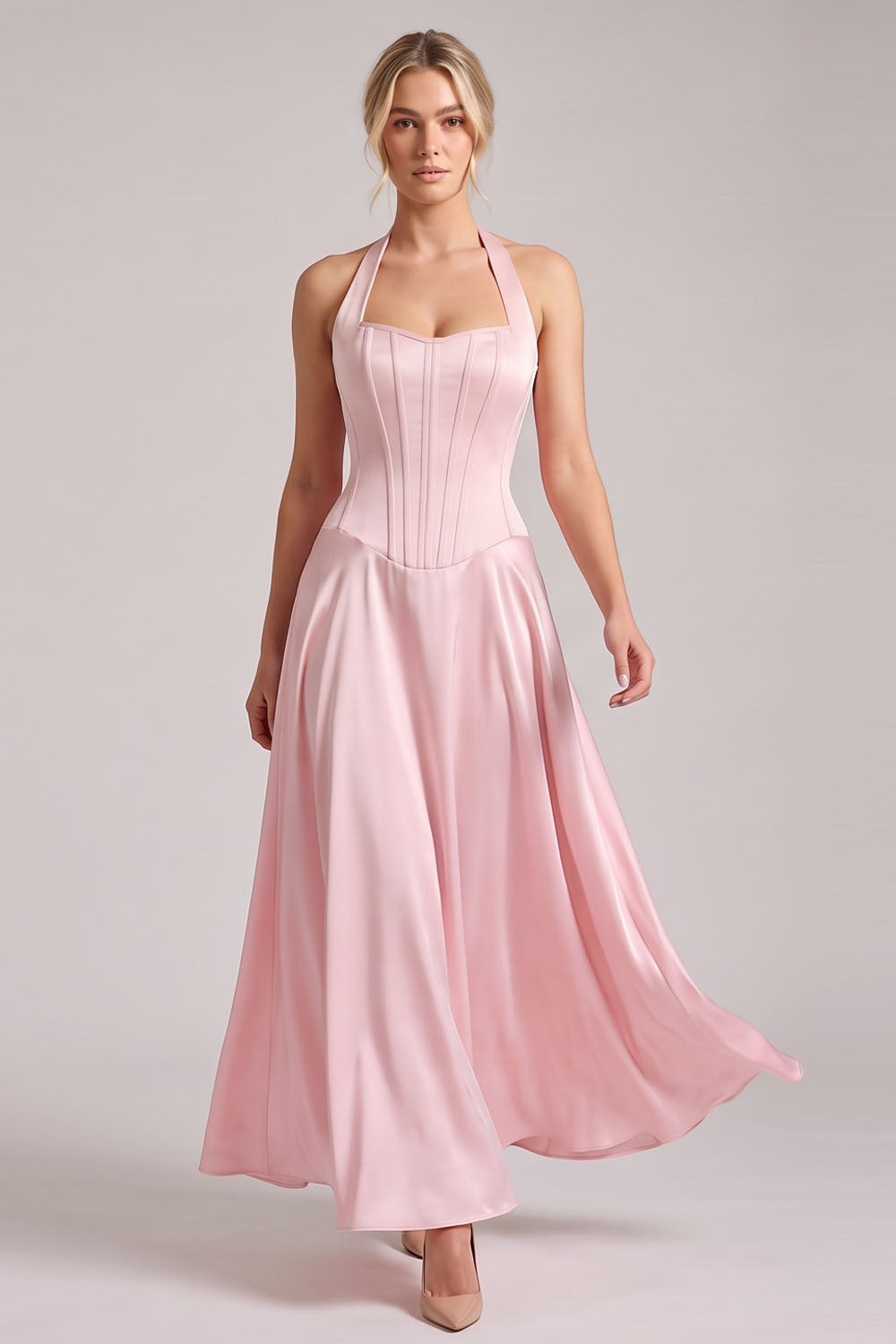 LENORE Halter Corset Maxi Dress in Black on model — front view