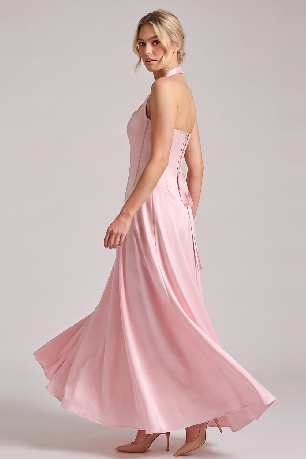 LENORE Halter Corset Maxi Dress in Black on model — side view