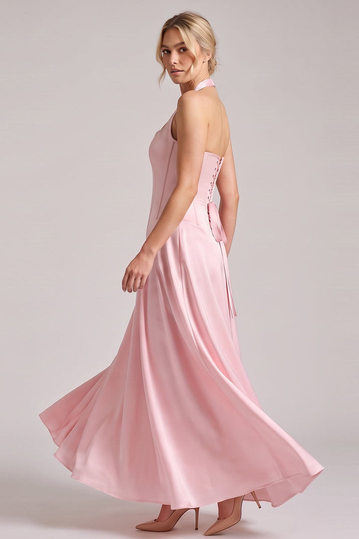 LENORE Halter Corset Maxi Dress in Black on model — side view